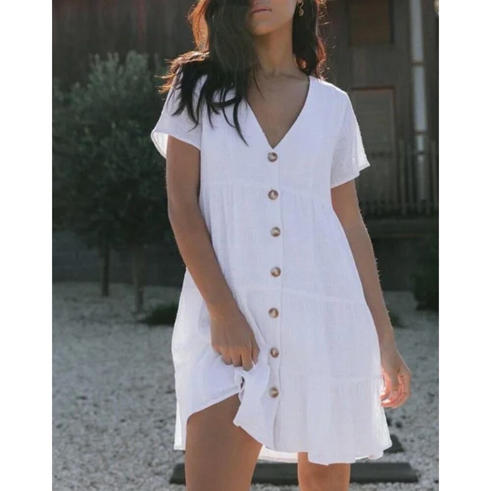 V-Neck White Button-Front Mini Dress